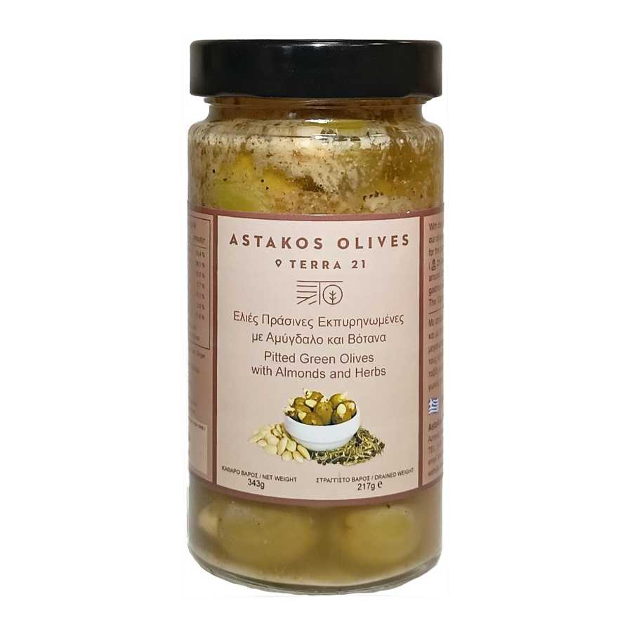 Pitted Green Olives with Almonds Glass 343g