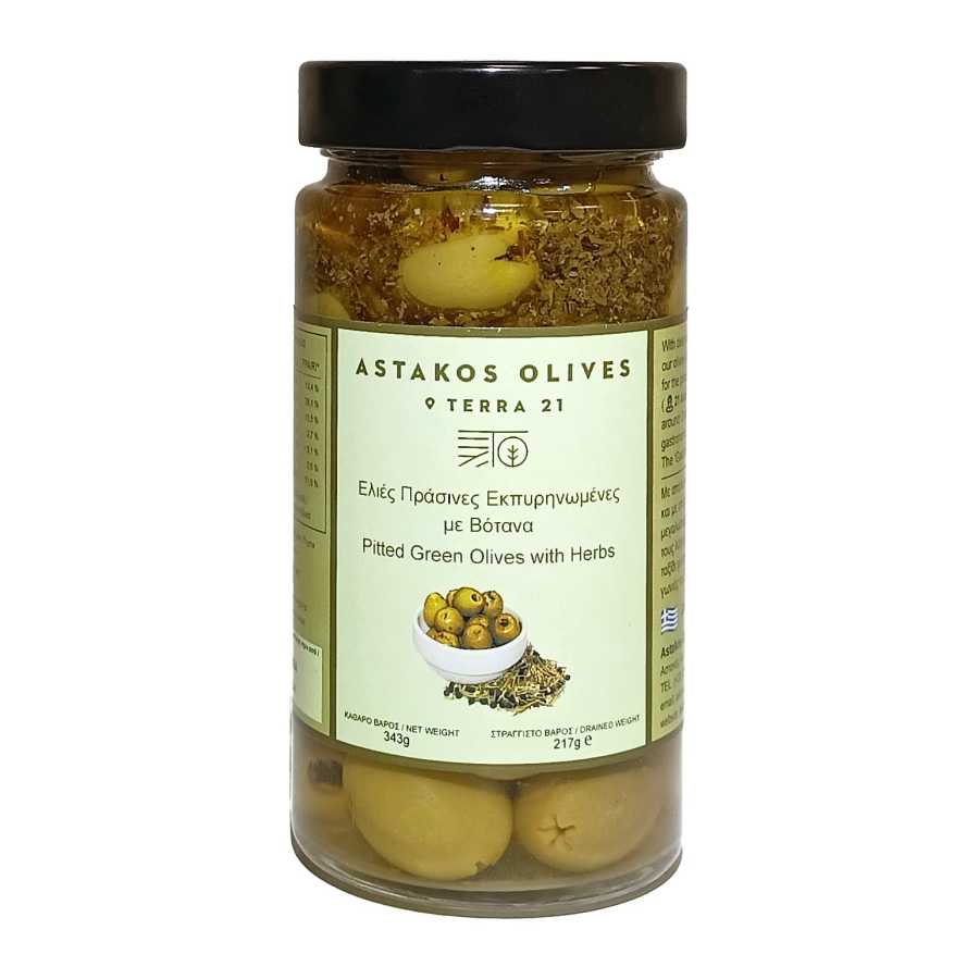 Pitted Green Olives With Herbs Glass 343g