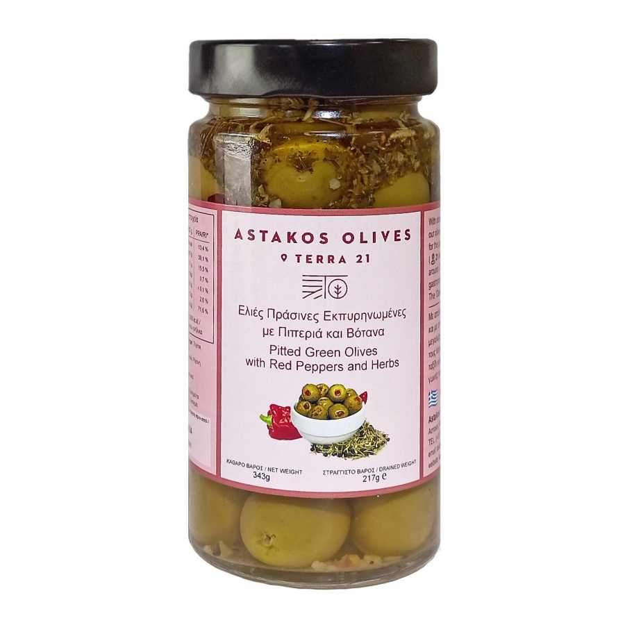 Pitted Green Olives with Red Pepper and Herbs Glass 343g